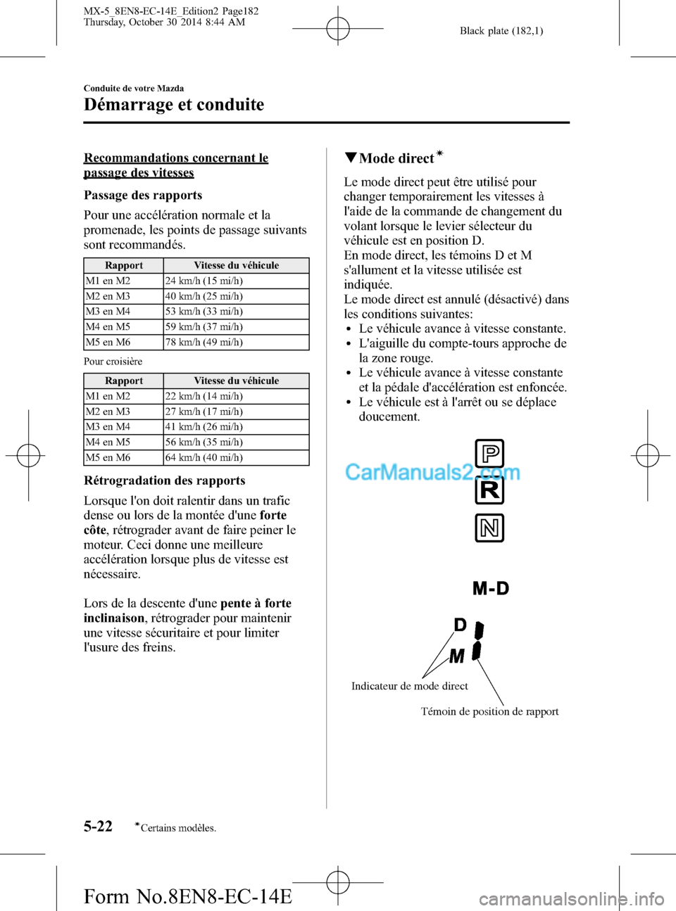 MAZDA MODEL MX-5 2015  Manuel du propriétaire (in French) Black plate (182,1)
Recommandations concernant le
passage des vitesses
Passage des rapports
Pour une accélération normale et la
promenade, les points de passage suivants
sont recommandés.
Rapport V