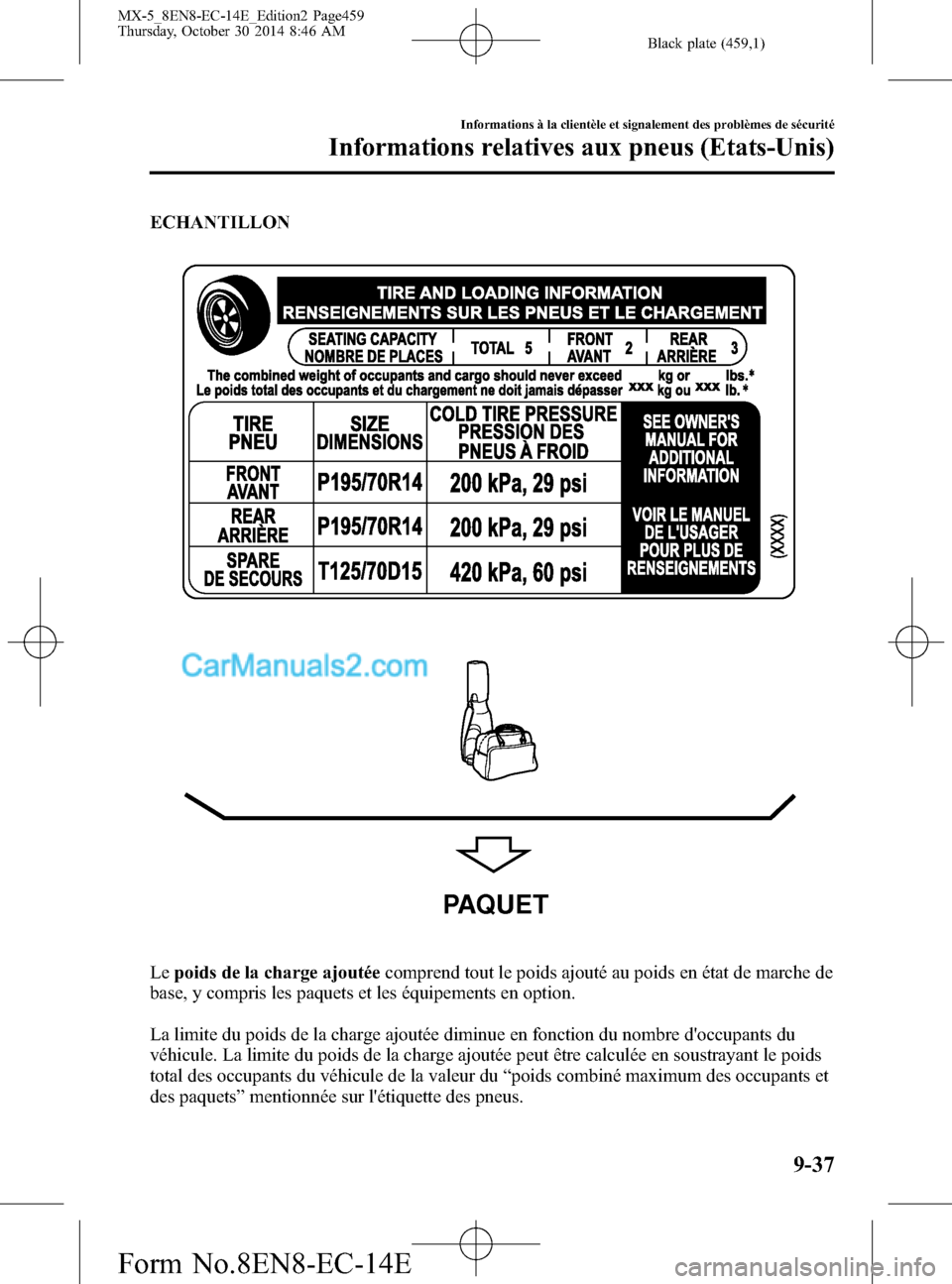 MAZDA MODEL MX-5 2015  Manuel du propriétaire (in French) Black plate (459,1)
ECHANTILLON
PAQUET
Lepoids de la charge ajoutéecomprend tout le poids ajouté au poids en état de marche de
base, y compris les paquets et les équipements en option.
La limite d