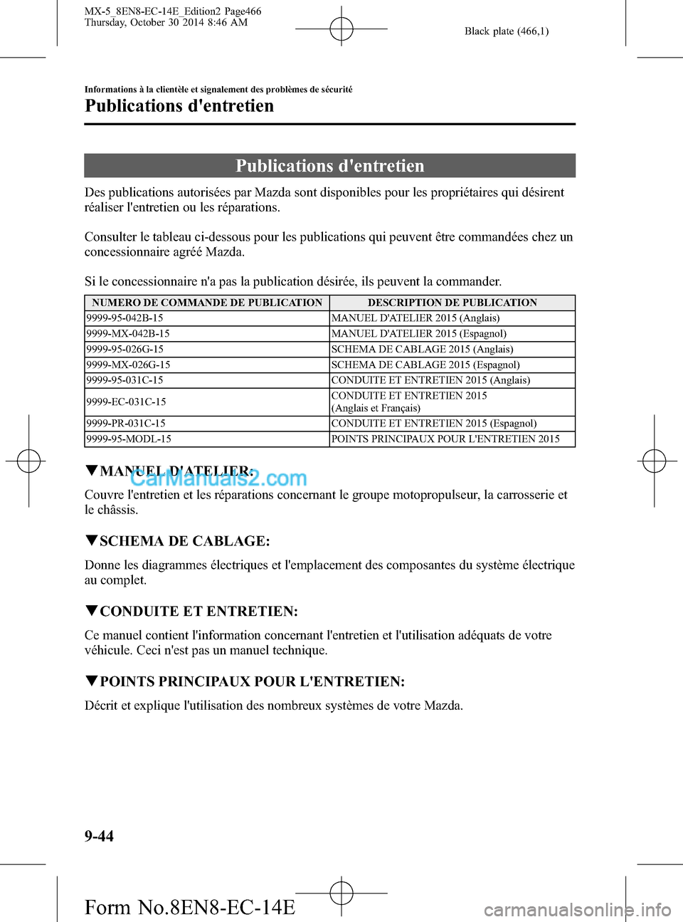 MAZDA MODEL MX-5 2015  Manuel du propriétaire (in French) Black plate (466,1)
Publications dentretien
Des publications autorisées par Mazda sont disponibles pour les propriétaires qui désirent
réaliser lentretien ou les réparations.
Consulter le table