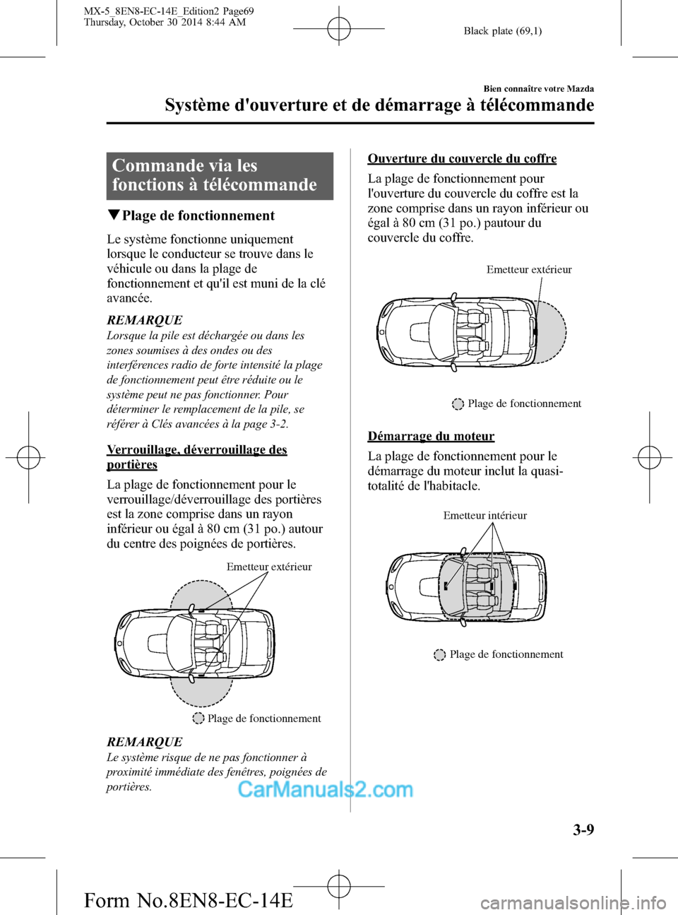 MAZDA MODEL MX-5 2015  Manuel du propriétaire (in French) Black plate (69,1)
Commande via les
fonctions à télécommande
qPlage de fonctionnement
Le système fonctionne uniquement
lorsque le conducteur se trouve dans le
véhicule ou dans la plage de
fonctio