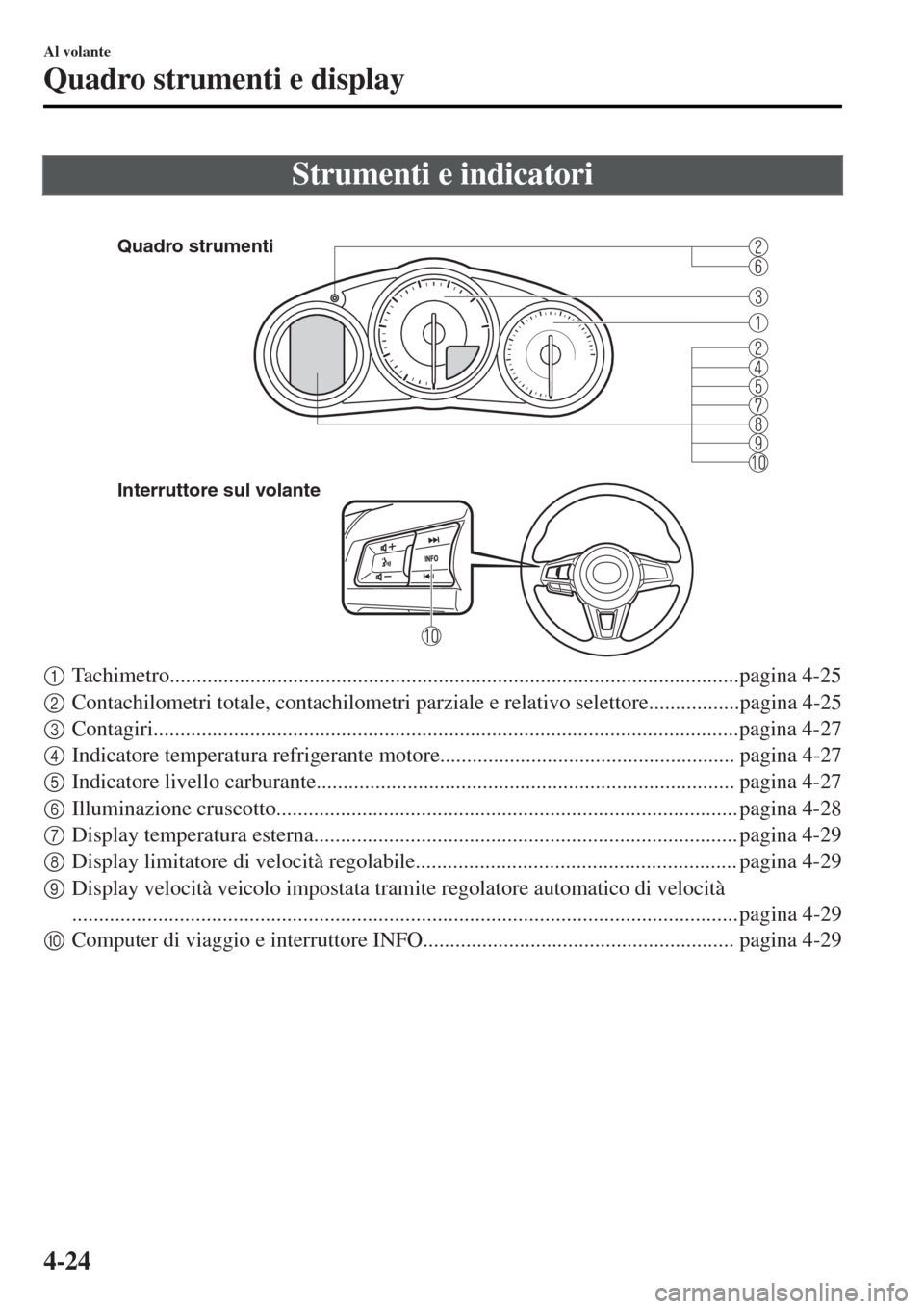 MAZDA MODEL MX-5 2015  Manuale del proprietario (in Italian) Strumenti e indicatori
 
Quadro strumenti
Interruttore sul volante
1Tachimetro..........................................................................................................pagina 4-25
2Con