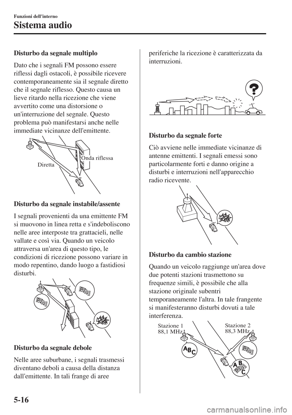 MAZDA MODEL MX-5 2015  Manuale del proprietario (in Italian) Disturbo da segnale multiplo
Dato che i segnali FM possono essere
riflessi dagli ostacoli, è possibile ricevere
contemporaneamente sia il segnale diretto
che il segnale riflesso. Questo causa un
liev