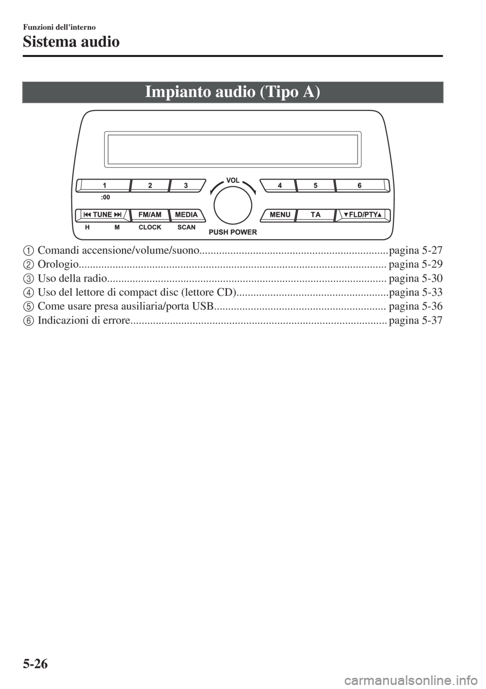MAZDA MODEL MX-5 2015  Manuale del proprietario (in Italian) Impianto audio (Tipo A)
1Comandi accensione/volume/suono...................................................................pagina 5-27
2Orologio........................................................