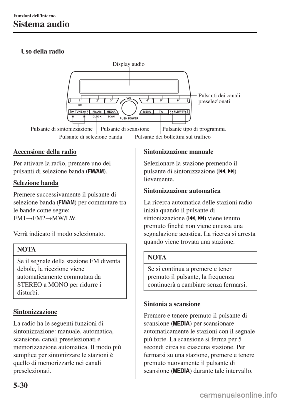 MAZDA MODEL MX-5 2015 Manuale del proprietario (in Italian) tUso della radio
Pulsante di selezione banda Pulsante dei bollettini sul trafficoPulsanti dei canali
preselezionati
Pulsante di scansione
Pulsante di sintonizzazione Pulsante tipo di programmaDisplay MAZDA MODEL MX-5 2015 Manuale del proprietario (in Italian) tUso della radio
Pulsante di selezione banda Pulsante dei bollettini sul trafficoPulsanti dei canali
preselezionati
Pulsante di scansione
Pulsante di sintonizzazione Pulsante tipo di programmaDisplay