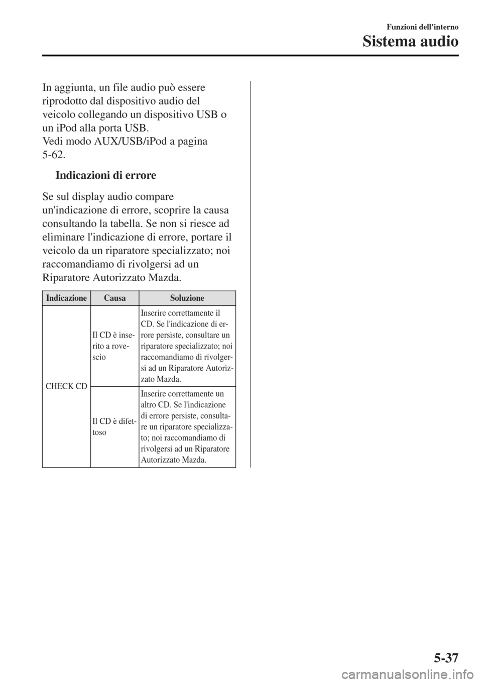 MAZDA MODEL MX-5 2015  Manuale del proprietario (in Italian) In aggiunta, un file audio può essere
riprodotto dal dispositivo audio del
veicolo collegando un dispositivo USB o
un iPod alla porta USB.
Vedi modo AUX/USB/iPod a pagina
5-62.
tIndicazioni di errore