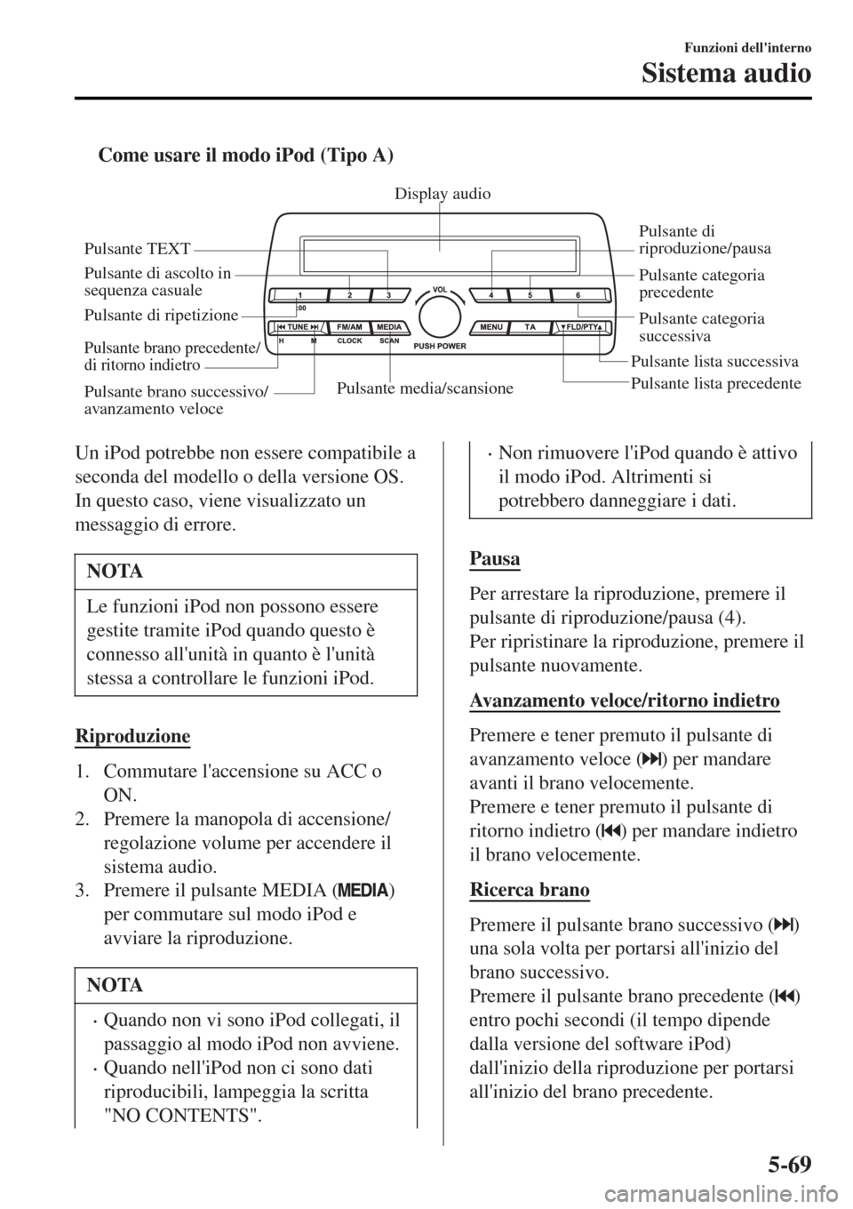 MAZDA MODEL MX-5 2015 Manuale del proprietario (in Italian) tCome usare il modo iPod (Tipo A)
Pulsante media/scansionePulsante lista precedente Pulsante lista successivaPulsante di
riproduzione/pausa
Pulsante di ascolto in
sequenza casuale
Pulsante di ripeti MAZDA MODEL MX-5 2015 Manuale del proprietario (in Italian) tCome usare il modo iPod (Tipo A)
Pulsante media/scansionePulsante lista precedente Pulsante lista successivaPulsante di
riproduzione/pausa
Pulsante di ascolto in
sequenza casuale
Pulsante di ripeti