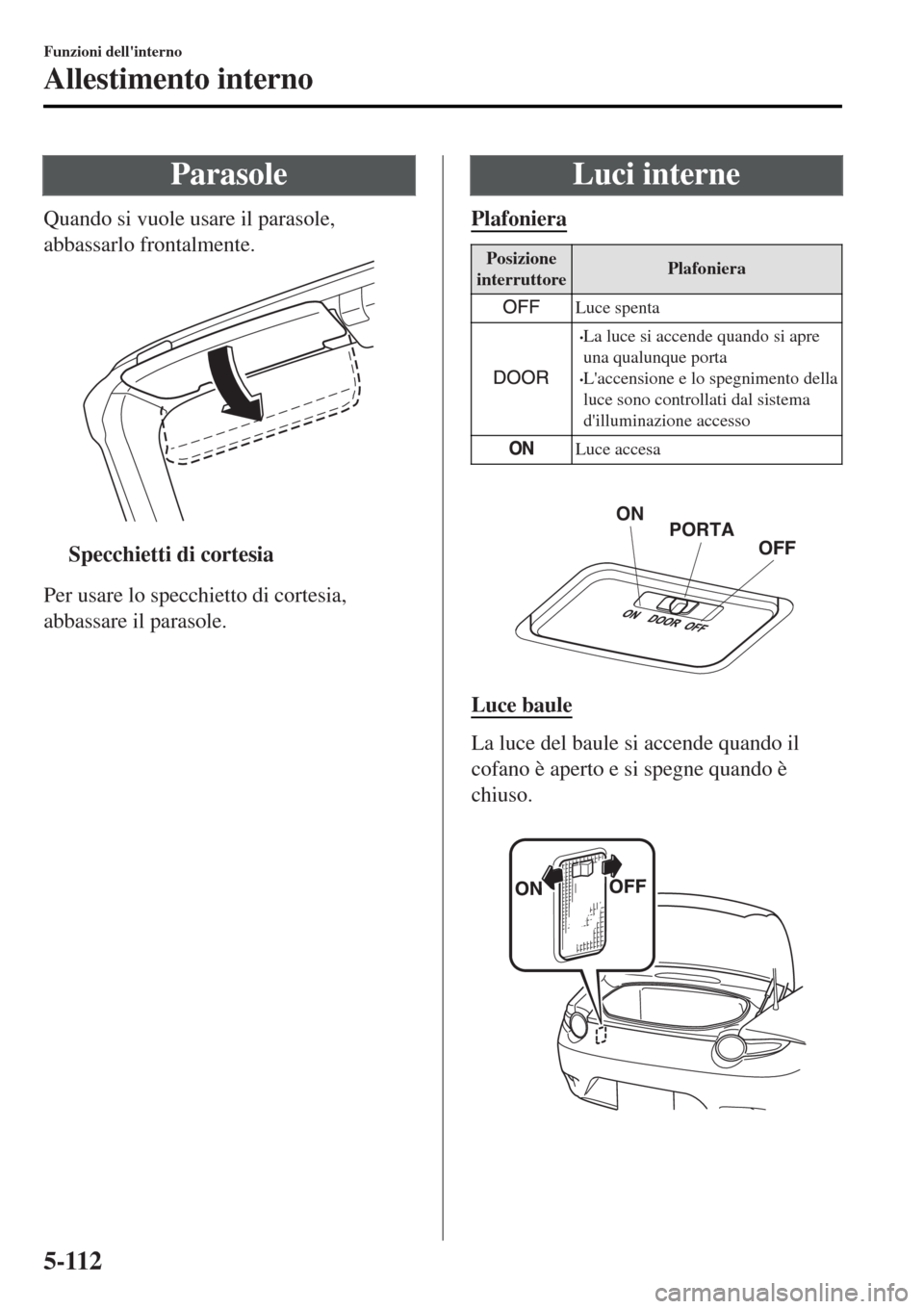 MAZDA MODEL MX-5 2015  Manuale del proprietario (in Italian) Parasole
Quando si vuole usare il parasole,
abbassarlo frontalmente.
ttSpecchietti di cortesia
Per usare lo specchietto di cortesia,
abbassare il parasole.
Luci interne
Plafoniera
Posizione
interrutto