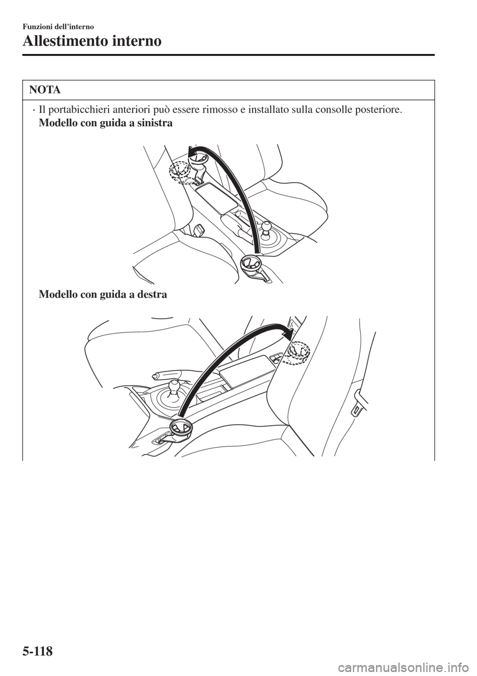 MAZDA MODEL MX-5 2015 Manuale del proprietario (in Italian) NOTA
•Il portabicchieri anteriori può essere rimosso e installato sulla consolle posteriore.
Modello con guida a sinistra
Modello con guida a destra
Funzioni dellinterno
Allestimento interno
5 MAZDA MODEL MX-5 2015 Manuale del proprietario (in Italian) NOTA
•Il portabicchieri anteriori può essere rimosso e installato sulla consolle posteriore.
Modello con guida a sinistra
Modello con guida a destra
Funzioni dellinterno
Allestimento interno
5