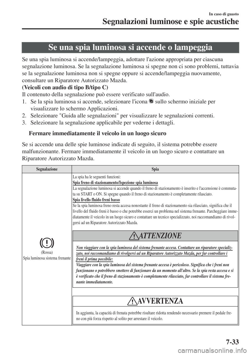 MAZDA MODEL MX-5 2015 Manuale del proprietario (in Italian) Se una spia luminosa si accende o lampeggia
Se una spia luminosa si accende/lampeggia, adottare lazione appropriata per ciascuna
segnalazione luminosa. Se la segnalazione luminosa si spegne non ci so MAZDA MODEL MX-5 2015 Manuale del proprietario (in Italian) Se una spia luminosa si accende o lampeggia
Se una spia luminosa si accende/lampeggia, adottare lazione appropriata per ciascuna
segnalazione luminosa. Se la segnalazione luminosa si spegne non ci so