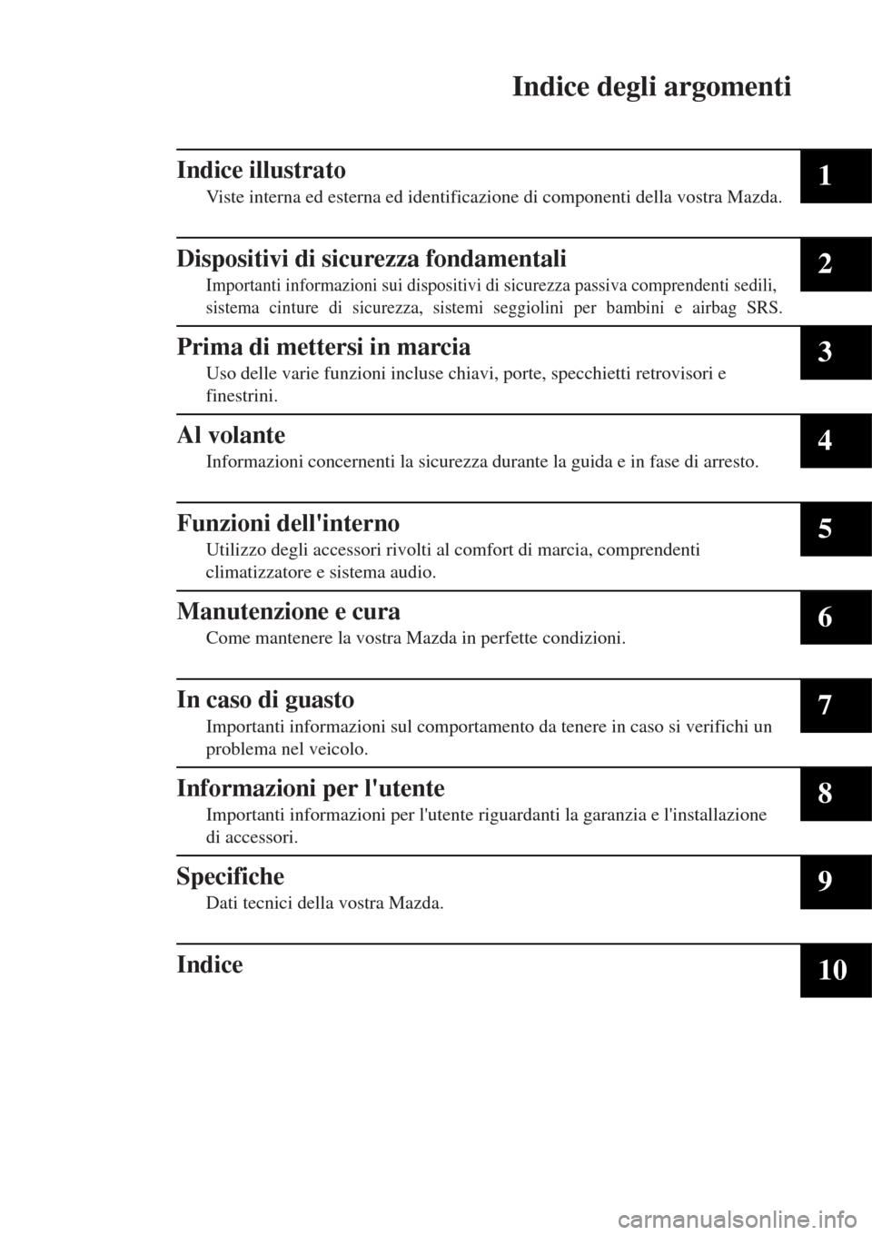 MAZDA MODEL MX-5 2015  Manuale del proprietario (in Italian) Indice degli argomenti
Indice illustrato
Viste interna ed esterna ed identificazione di componenti della vostra Mazda.1
Dispositivi di sicurezza fondamentali
Importanti informazioni sui dispositivi di