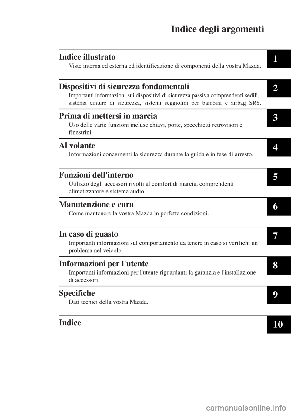 MAZDA MODEL MX-5 2015 Manuale del proprietario (in Italian) Indice degli argomenti
Indice illustrato
Viste interna ed esterna ed identificazione di componenti della vostra Mazda.1
Dispositivi di sicurezza fondamentali
Importanti informazioni sui dispositivi di MAZDA MODEL MX-5 2015 Manuale del proprietario (in Italian) Indice degli argomenti
Indice illustrato
Viste interna ed esterna ed identificazione di componenti della vostra Mazda.1
Dispositivi di sicurezza fondamentali
Importanti informazioni sui dispositivi di
