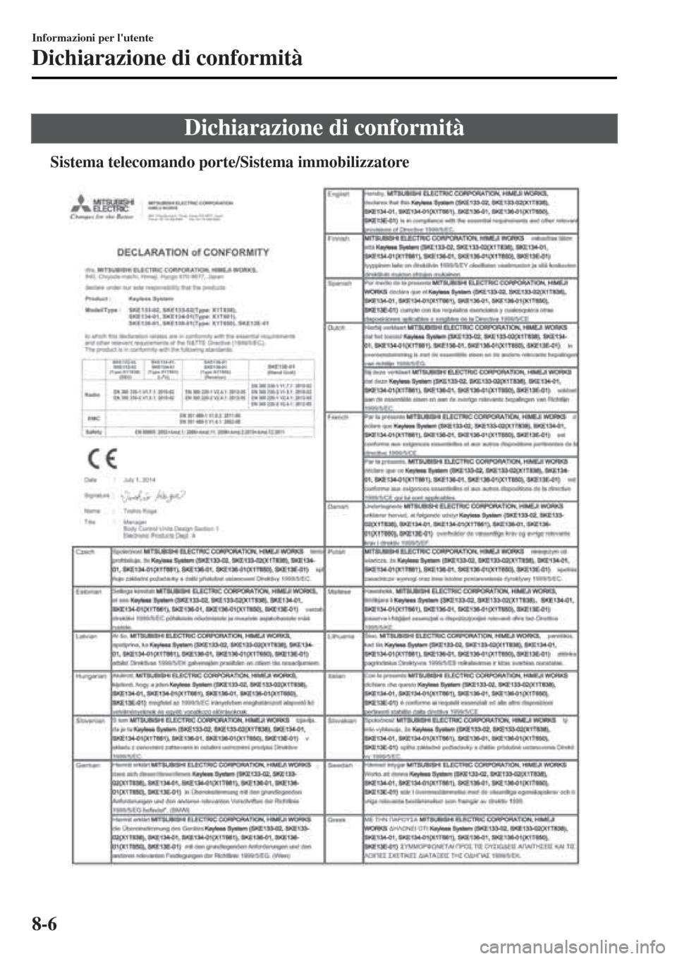MAZDA MODEL MX-5 2015  Manuale del proprietario (in Italian) Dichiarazione di conformità
tSistema telecomando porte/Sistema immobilizzatore
Informazioni per lutente
Dichiarazione di conformità
8-6 