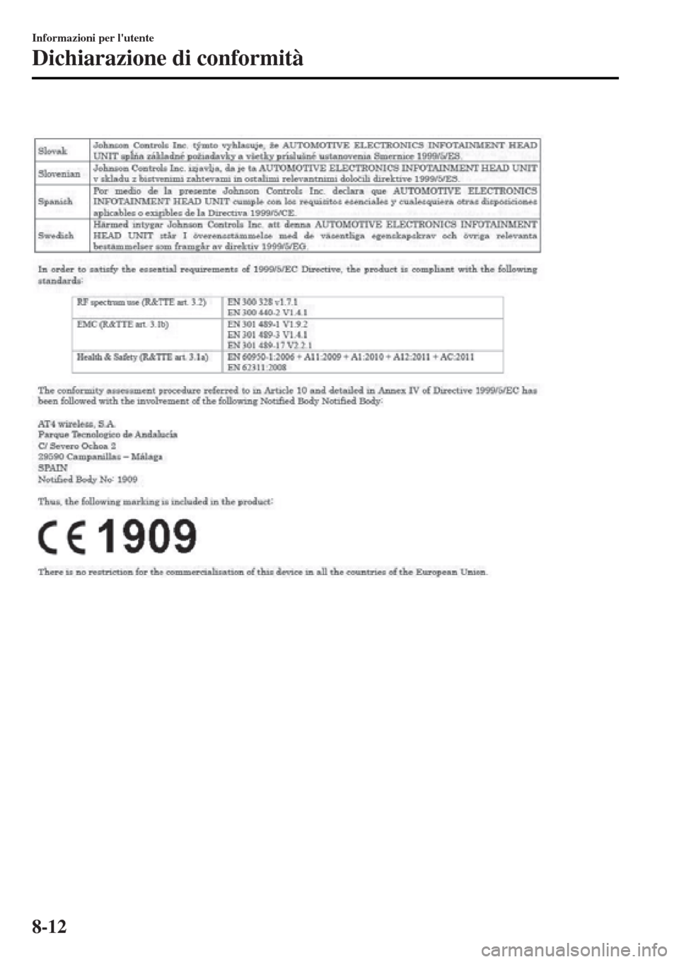 MAZDA MODEL MX-5 2015  Manuale del proprietario (in Italian)  
Informazioni per lutente
Dichiarazione di conformità
8-12 