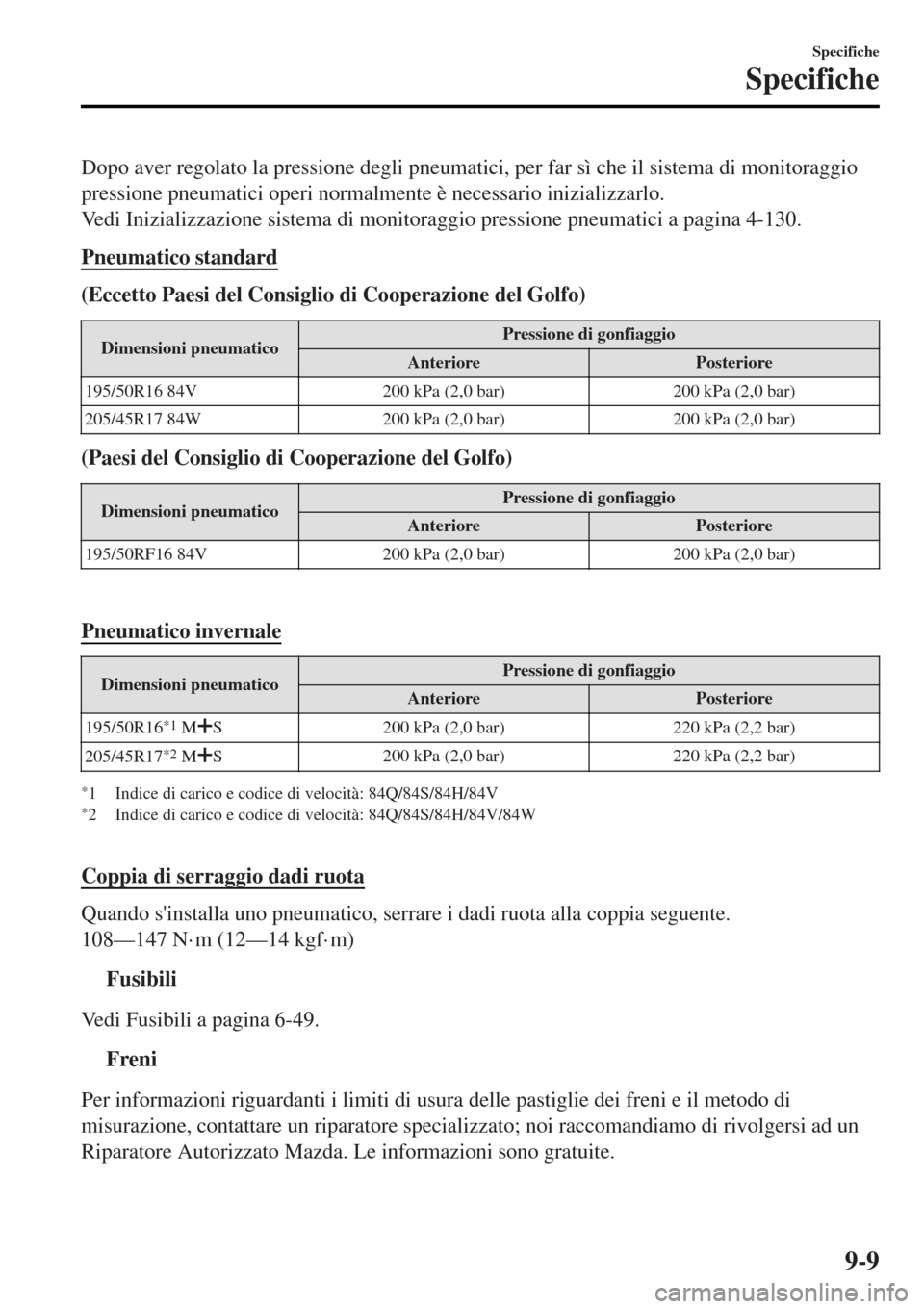 MAZDA MODEL MX-5 2015  Manuale del proprietario (in Italian) Dopo aver regolato la pressione degli pneumatici, per far sì che il sistema di monitoraggio
pressione pneumatici operi normalmente è necessario inizializzarlo.
Vedi Inizializzazione sistema di monit