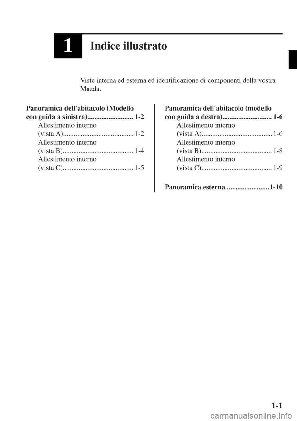 MAZDA MODEL MX-5 2015  Manuale del proprietario (in Italian) 1Indice illustrato
Viste interna ed esterna ed identificazione di componenti della vostra
Mazda.
Panoramica dellabitacolo (Modello
con guida a sinistra).......................... 1-2
Allestimento int