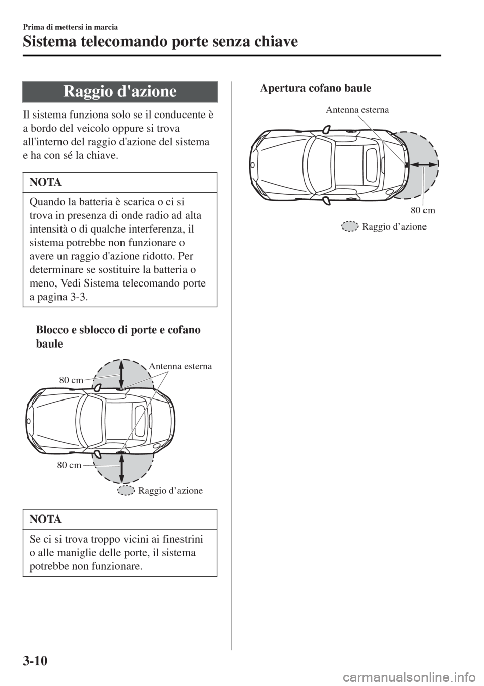 MAZDA MODEL MX-5 2015  Manuale del proprietario (in Italian) Raggio dazione
Il sistema funziona solo se il conducente è
a bordo del veicolo oppure si trova
allinterno del raggio dazione del sistema
e ha con sé la chiave.
NOTA
Quando la batteria è scarica 