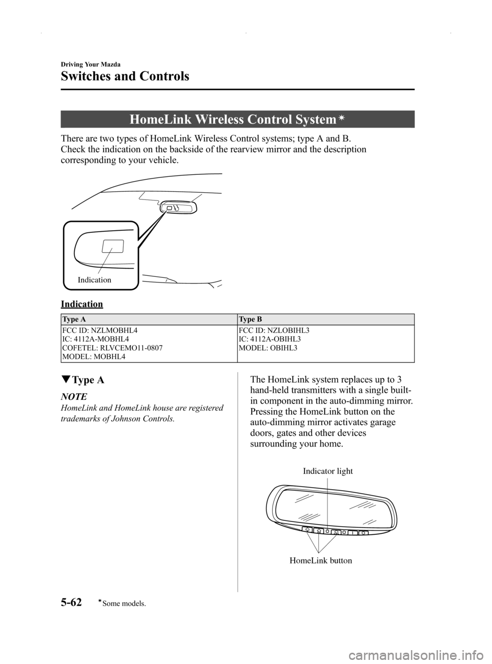 MAZDA MODEL MX-5 2014  Owners Manual (in English) Black plate (206,1)
HomeLink Wireless Control Systemí
There are two types of HomeLink Wireless Control systems; type A and B.
Check the indication on the backside of the rearview mirror and the descr