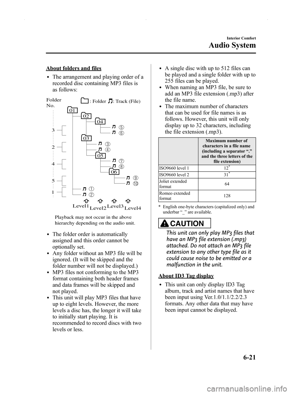 MAZDA MODEL MX-5 2014 Owners Manual (in English) Black plate (235,1)
About folders and files
lThe arrangement and playing order of a
recorded disc containing MP3 files is
as follows:
05
06
010204
03
15 4 2 3
Folder
No.
Level1
Level2 Level3
Level4
P MAZDA MODEL MX-5 2014 Owners Manual (in English) Black plate (235,1)
About folders and files
lThe arrangement and playing order of a
recorded disc containing MP3 files is
as follows:
05
06
010204
03
15 4 2 3
Folder
No.
Level1
Level2 Level3
Level4
P