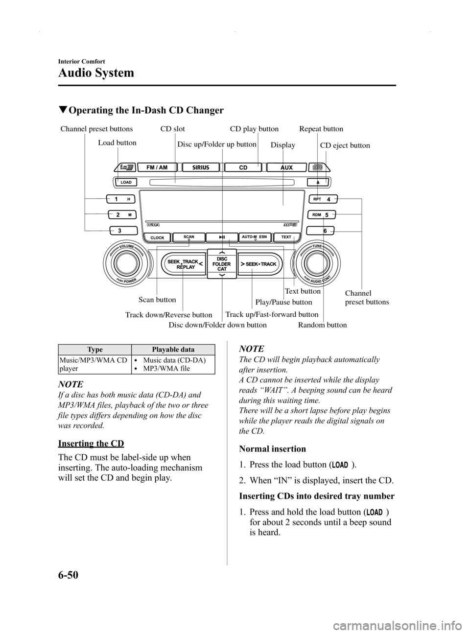 MAZDA MODEL MX-5 2014  Owners Manual (in English) Black plate (264,1)
qOperating the In-Dash CD Changer
Disc up/Folder up button
Track down/Reverse button
Channel preset buttons
Text button
Scan button
Random button
Disc down/Folder down button Track