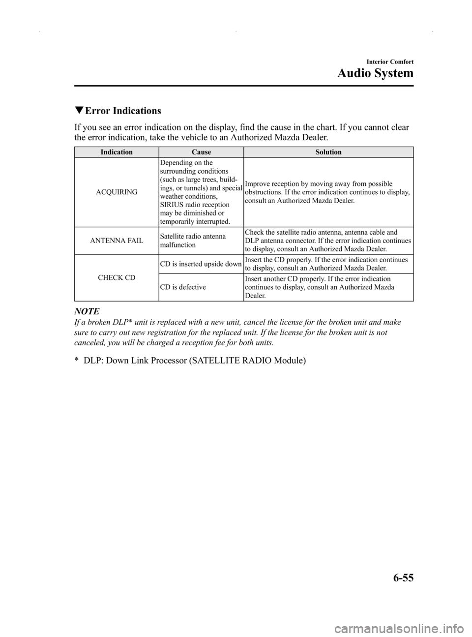 MAZDA MODEL MX-5 2014 Owners Manual (in English) Black plate (269,1)
qError Indications
If you see an error indication on the display, find the cause in the chart. If you cannot clear
the error indication, take the vehicle to an Authorized Mazda Dea MAZDA MODEL MX-5 2014 Owners Manual (in English) Black plate (269,1)
qError Indications
If you see an error indication on the display, find the cause in the chart. If you cannot clear
the error indication, take the vehicle to an Authorized Mazda Dea