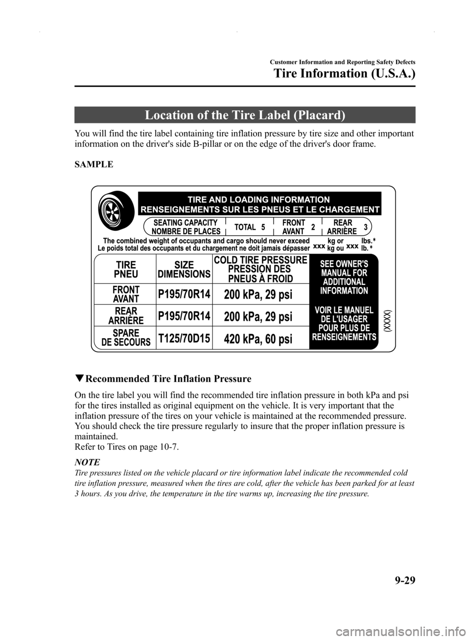 MAZDA MODEL MX-5 2014   (in English) User Guide Black plate (421,1)
Location of the Tire Label (Placard)
You will find the tire label containing tire inflation pressure by tire size and other important
information on the drivers side B-pillar or o