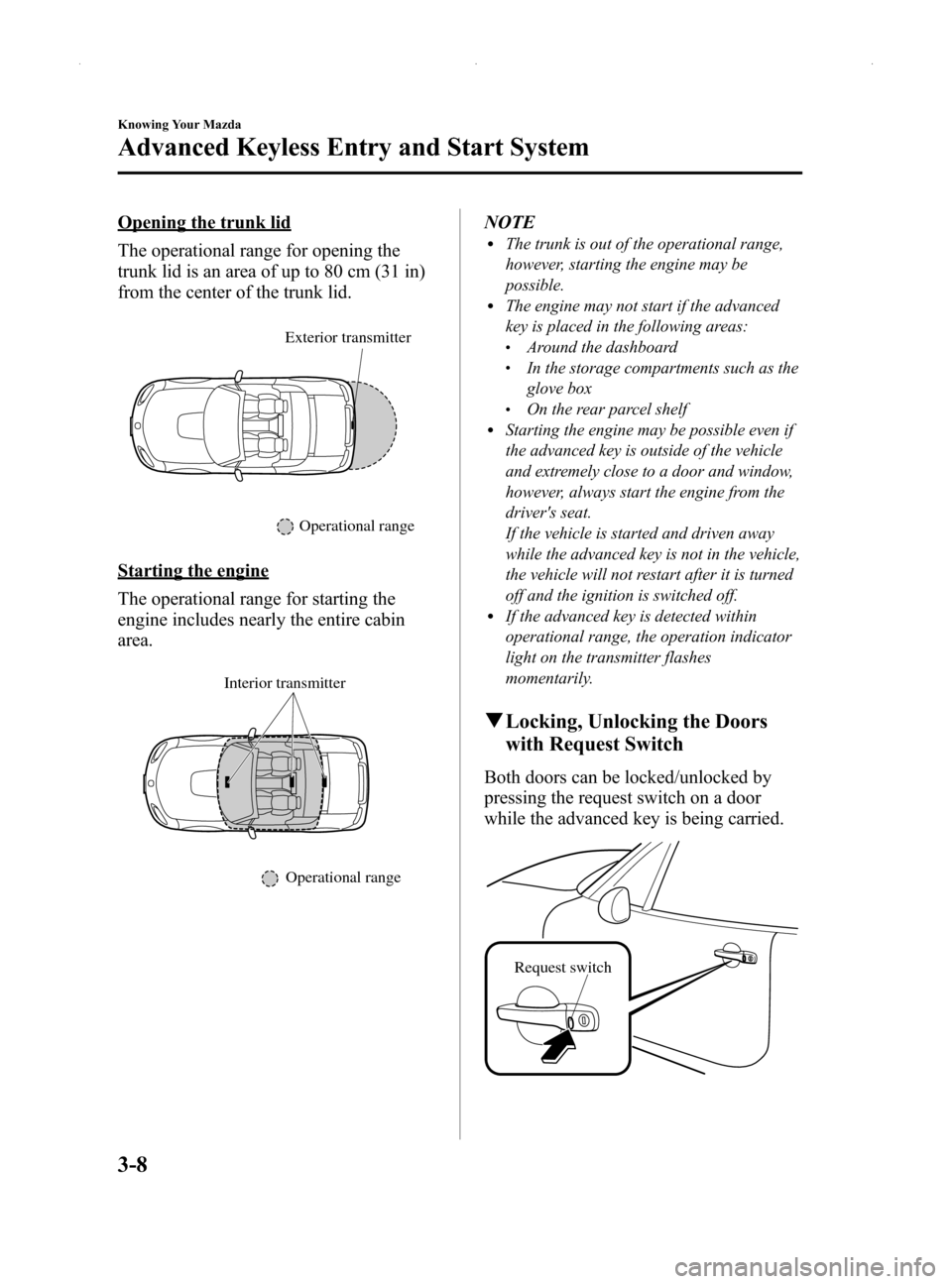 MAZDA MODEL MX-5 2014  Owners Manual (in English) Black plate (62,1)
Opening the trunk lid
The operational range for opening the
trunk lid is an area of up to 80 cm (31 in)
from the center of the trunk lid.
Exterior transmitter
Operational range
Star