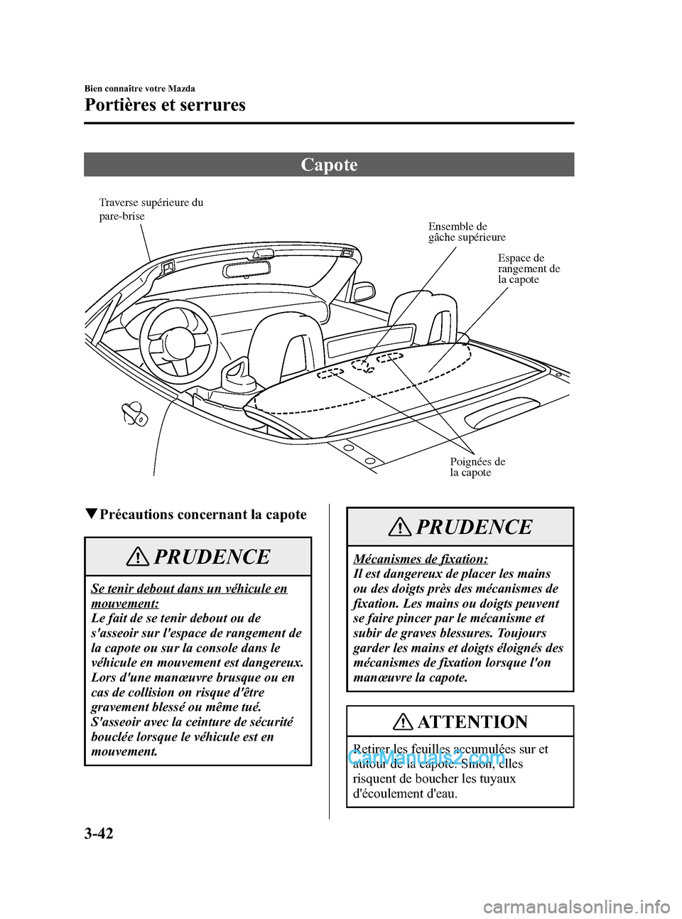MAZDA MODEL MX-5 2006 Manuel du propriétaire (in French) Black plate (108,1)
Capote
Traverse supérieure du
pare-brise
Ensemble de
gâche supérieure
Espace de
rangement de
la capote
Poignées de
la capote
qPrécautions concernant la capote
PRUDENCE
Se MAZDA MODEL MX-5 2006 Manuel du propriétaire (in French) Black plate (108,1)
Capote
Traverse supérieure du
pare-brise
Ensemble de
gâche supérieure
Espace de
rangement de
la capote
Poignées de
la capote
qPrécautions concernant la capote
PRUDENCE
Se