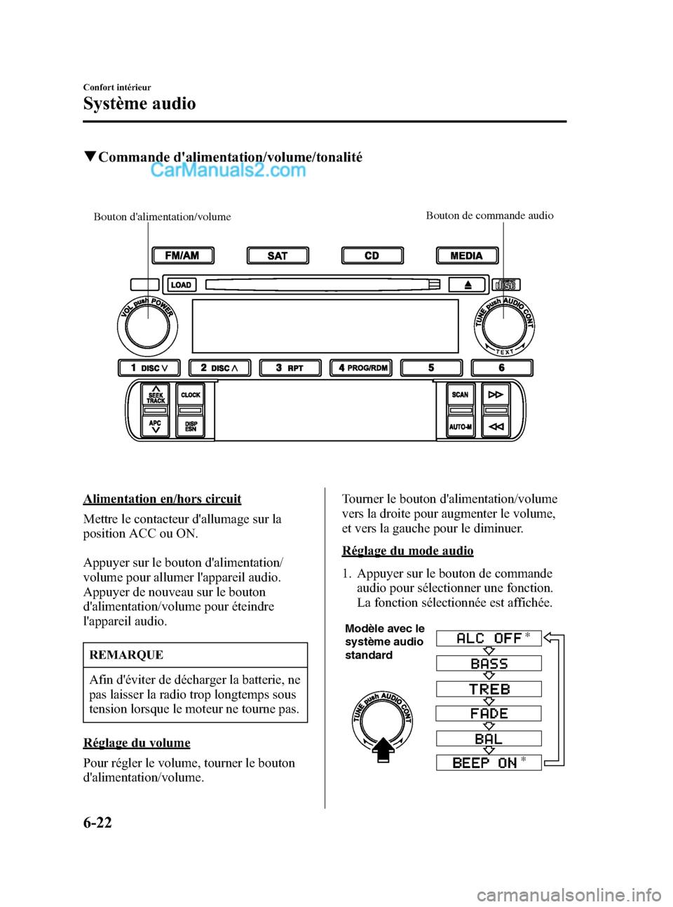 MAZDA MODEL MX-5 2006 Manuel du propriétaire (in French) Black plate (234,1)
qCommande dalimentation/volume/tonalité
Bouton dalimentation/volumeBouton de commande audio
Alimentation en/hors circuit
Mettre le contacteur dallumage sur la
position ACC ou O MAZDA MODEL MX-5 2006 Manuel du propriétaire (in French) Black plate (234,1)
qCommande dalimentation/volume/tonalité
Bouton dalimentation/volumeBouton de commande audio
Alimentation en/hors circuit
Mettre le contacteur dallumage sur la
position ACC ou O