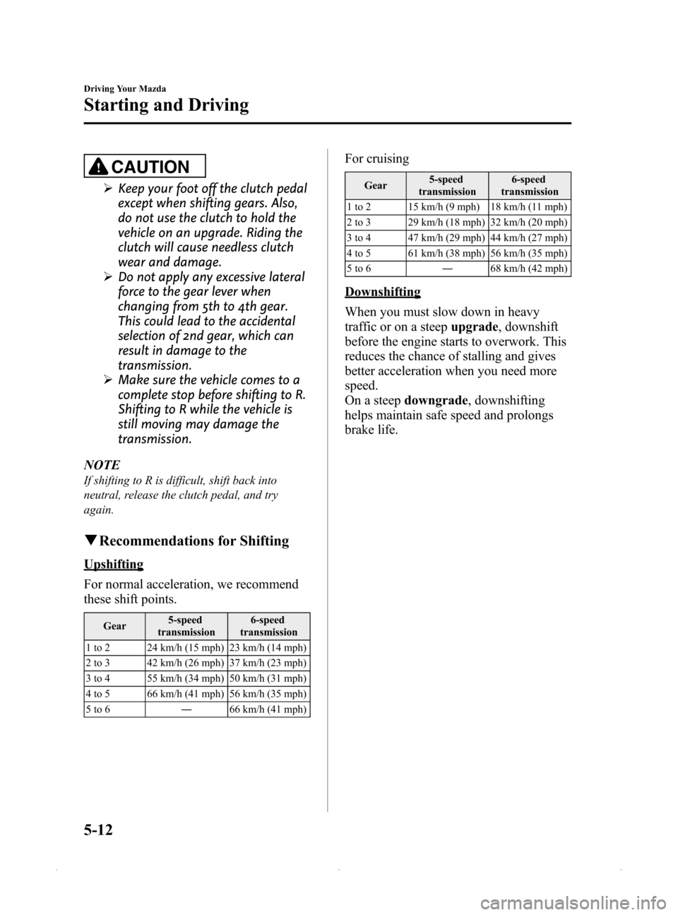 MAZDA MODEL MX-5 PRHT 2015 (in English) Service Manual Black plate (156,1)
CAUTION
ØKeep your foot off the clutch pedal
except when shifting gears. Also,
do not use the clutch to hold the
vehicle on an upgrade. Riding the
clutch will cause needless clutc MAZDA MODEL MX-5 PRHT 2015 (in English) Service Manual Black plate (156,1)
CAUTION
ØKeep your foot off the clutch pedal
except when shifting gears. Also,
do not use the clutch to hold the
vehicle on an upgrade. Riding the
clutch will cause needless clutc