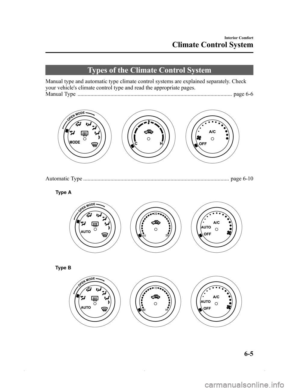 MAZDA MODEL MX-5 PRHT 2015 Owners Manual (in English) Black plate (217,1)
Types of the Climate Control System
Manual type and automatic type climate control systems are explained separately. Check
your vehicles climate control type and read the appropri MAZDA MODEL MX-5 PRHT 2015 Owners Manual (in English) Black plate (217,1)
Types of the Climate Control System
Manual type and automatic type climate control systems are explained separately. Check
your vehicles climate control type and read the appropri