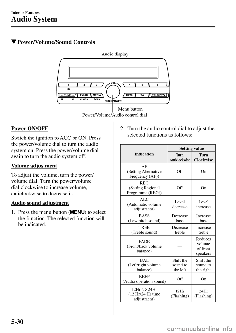 MAZDA MODEL MX-5 RF 2017 Owners Manual (in English) 5–30
Interior Features
Audio System
Power/Volume/Sound Controls
Power/Volume/Audio control dialMenu button Audio display
Power ON/OFF
Switch the ignition to ACC or ON. Press
the power/vo MAZDA MODEL MX-5 RF 2017 Owners Manual (in English) 5–30
Interior Features
Audio System
Power/Volume/Sound Controls
Power/Volume/Audio control dialMenu button Audio display
Power ON/OFF
Switch the ignition to ACC or ON. Press
the power/vo