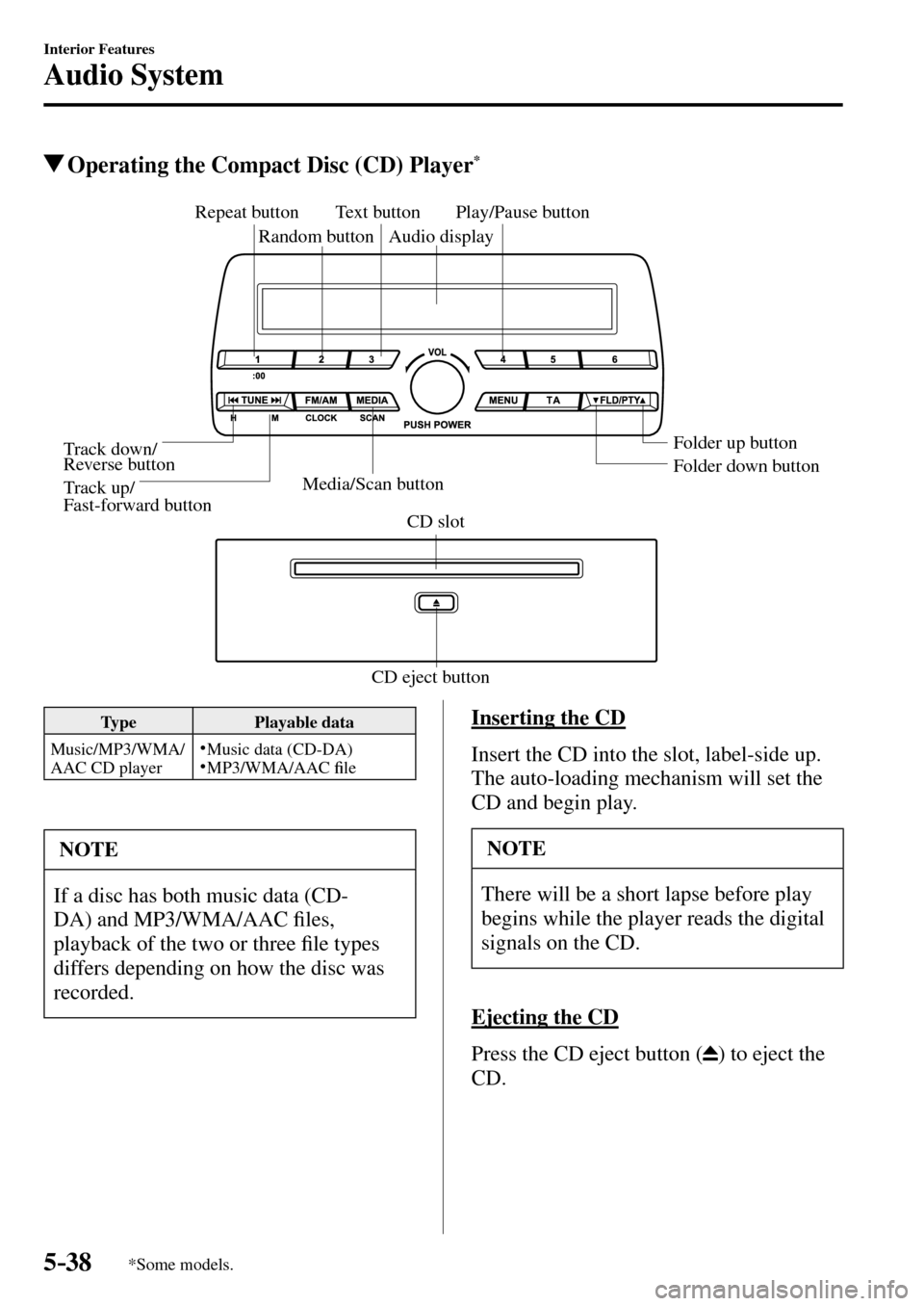MAZDA MODEL MX-5 RF 2017 (in English) Repair Manual 5–38
Interior Features
Audio System
*Some models.
Operating the Compact Disc (CD) Player *
CD eject buttonCD slot Media/Scan buttonFolder down button Folder up button Play/Pause button
Random butto MAZDA MODEL MX-5 RF 2017 (in English) Repair Manual 5–38
Interior Features
Audio System
*Some models.
Operating the Compact Disc (CD) Player *
CD eject buttonCD slot Media/Scan buttonFolder down button Folder up button Play/Pause button
Random butto
