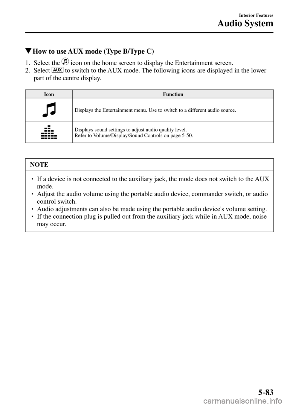 MAZDA MODEL MX-5 RF 2017 Owners Manual (in English) 5–83
Interior Features
Audio System
How to use AUX mode (Type B/Type C)
1. Select the icon on the home screen to display the Entertainment screen.
2. Select
to switch to the A MAZDA MODEL MX-5 RF 2017 Owners Manual (in English) 5–83
Interior Features
Audio System
How to use AUX mode (Type B/Type C)
1. Select the icon on the home screen to display the Entertainment screen.
2. Select
to switch to the A