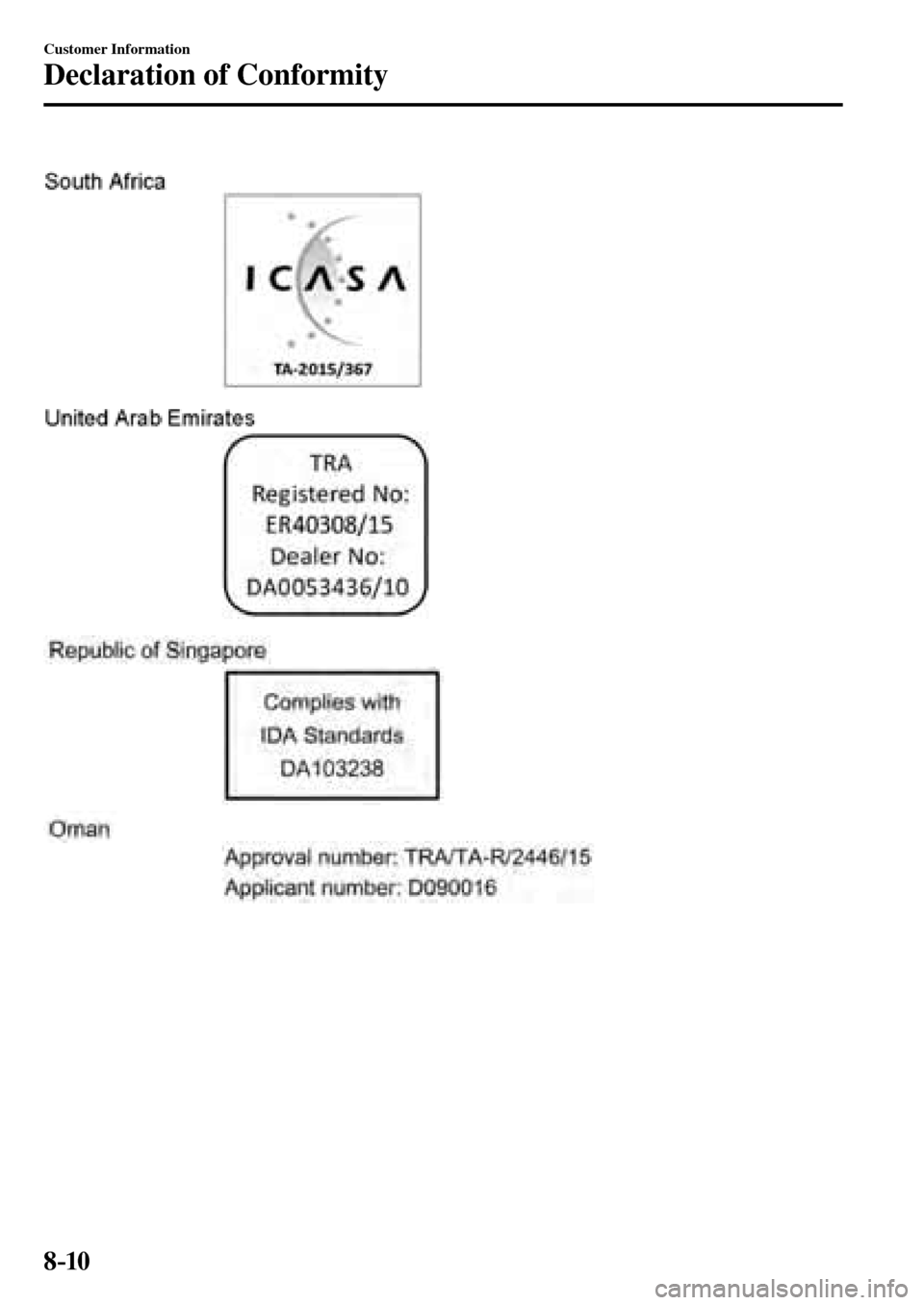 MAZDA MODEL MX-5 RF 2017  Owners Manual (in English) 8–10
Customer Information
Declaration of Conformity
�/�:���A��(�.��������,�A��F�K�V�K�Q�P���K�P�F�D�������������������������� 