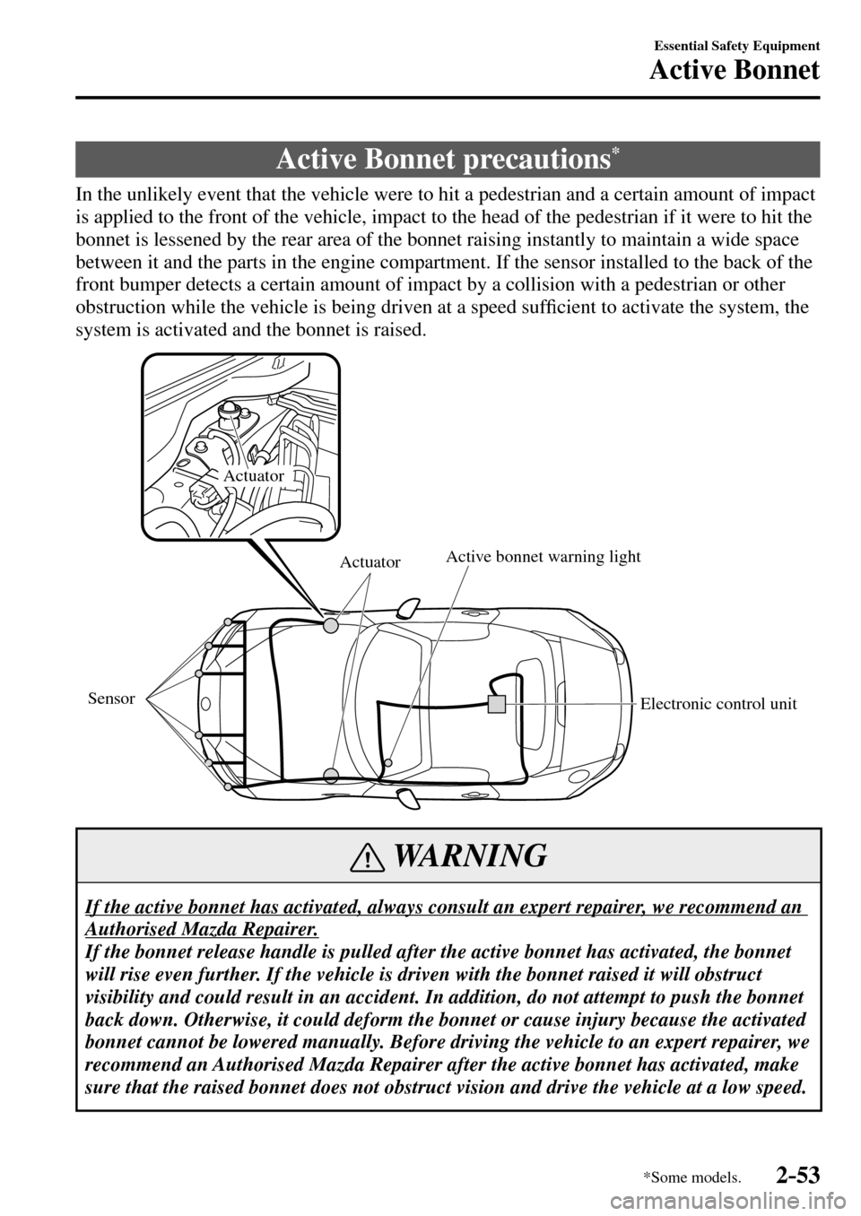 MAZDA MODEL MX-5 RF 2017  Owners Manual (in English) 2–53
Essential Safety Equipment
Active Bonnet
*Some models.
      Active  Bonnet  precautions *
    In the unlikely event that the vehicle were to hit a pedestrian and a certain amount of impact 
is