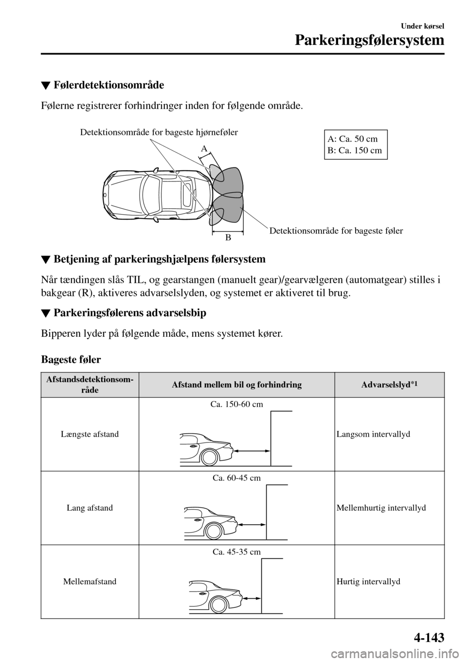 MAZDA MODEL MX-5 RF 2017 Instruktionsbog (in Danish) ▼Følerdetektionsområde
Følerne registrerer forhindringer inden for følgende område.
Detektionsområde for bageste føler Detektionsområde for bageste hjørnefølerB AA: Ca. 50 cm
B: C MAZDA MODEL MX-5 RF 2017 Instruktionsbog (in Danish) ▼Følerdetektionsområde
Følerne registrerer forhindringer inden for følgende område.
Detektionsområde for bageste føler Detektionsområde for bageste hjørnefølerB AA: Ca. 50 cm
B: C