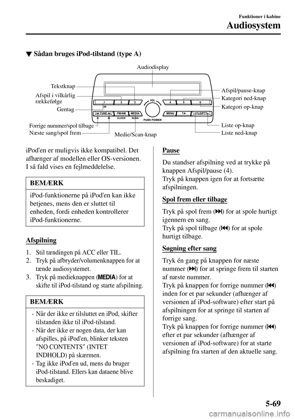 MAZDA MODEL MX-5 RF 2017 Instruktionsbog (in Danish) ▼Sådan bruges iPod-tilstand (type A)
Medie/Scan-knapListe ned-knap Liste op-knap Afspil/pause-knap
Afspil i vilkårlig
rækkefølge
GentagAudiodisplay
Tekstknap
Forrige nummer/spol tilbageNæste s MAZDA MODEL MX-5 RF 2017 Instruktionsbog (in Danish) ▼Sådan bruges iPod-tilstand (type A)
Medie/Scan-knapListe ned-knap Liste op-knap Afspil/pause-knap
Afspil i vilkårlig
rækkefølge
GentagAudiodisplay
Tekstknap
Forrige nummer/spol tilbageNæste s
