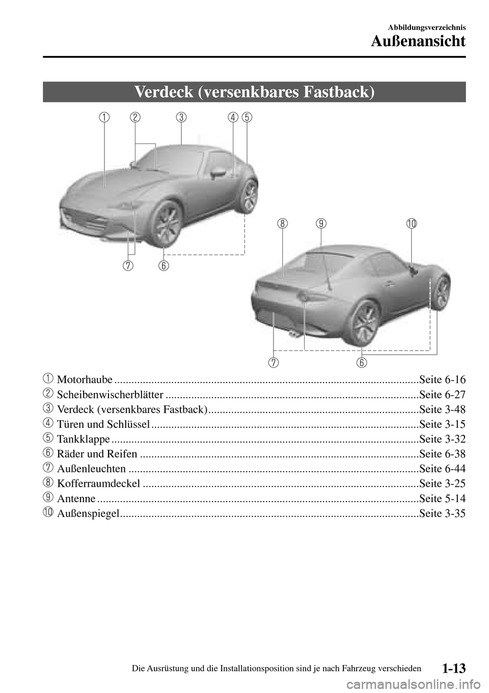 MAZDA MODEL MX-5 RF 2017  Betriebsanleitung (in German) 1–13
Abbildungsverzeichnis
Außenansicht
 Verdeck (versenkbares Fastback)
    Motorhaube ...........................................................................................................Se