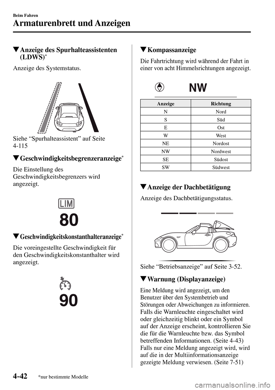 MAZDA MODEL MX-5 RF 2017 Betriebsanleitung (in German) 4–42
Beim Fahren
Armaturenbrett und Anzeigen
*nur bestimmte Modelle
Anzeige des Spurhalteassistenten
(LDWS)*
Anzeige des Systemstatus.
Siehe “Spurhalteassistent” auf Seite
4- MAZDA MODEL MX-5 RF 2017 Betriebsanleitung (in German) 4–42
Beim Fahren
Armaturenbrett und Anzeigen
*nur bestimmte Modelle
Anzeige des Spurhalteassistenten
(LDWS)*
Anzeige des Systemstatus.
Siehe “Spurhalteassistent” auf Seite
4-
