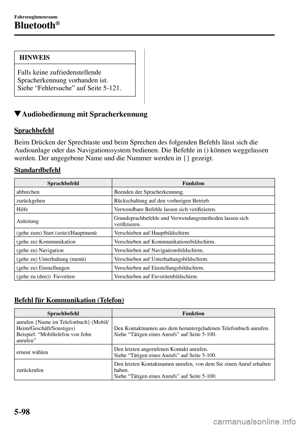 MAZDA MODEL MX-5 RF 2017 Betriebsanleitung (in German) 5–98
Fahrzeuginnenraum
Bluetooth®
HINWEIS
Falls keine zufriedenstellende
Spracherkennung vorhanden ist.
Siehe “Fehlersuche” auf Seite 5-121 .
Audiobedienung mit Spracherkennung
Spra MAZDA MODEL MX-5 RF 2017 Betriebsanleitung (in German) 5–98
Fahrzeuginnenraum
Bluetooth®
HINWEIS
Falls keine zufriedenstellende
Spracherkennung vorhanden ist.
Siehe “Fehlersuche” auf Seite 5-121 .
Audiobedienung mit Spracherkennung
Spra