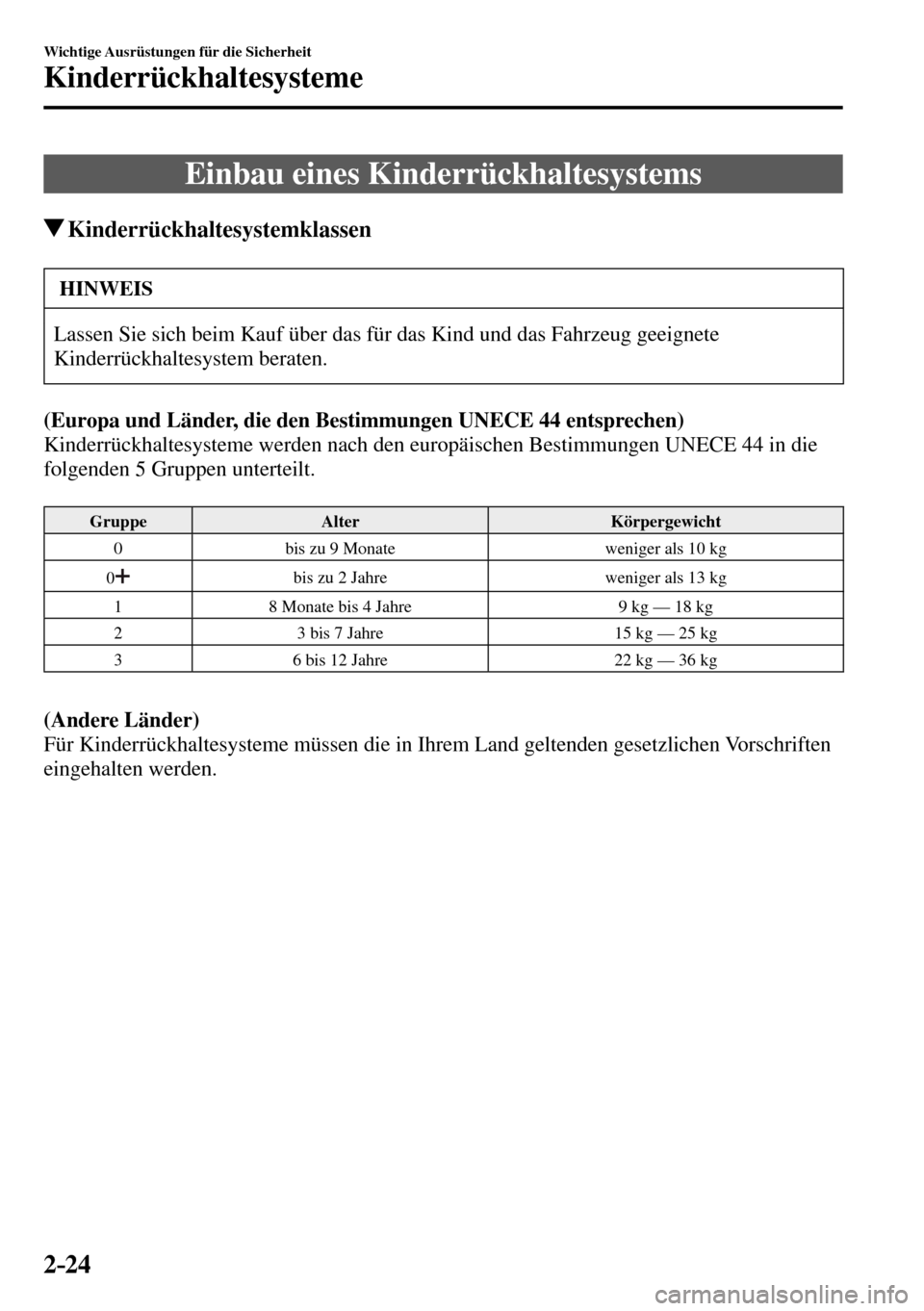 MAZDA MODEL MX-5 RF 2017  Betriebsanleitung (in German) 2–24
Wichtige Ausrüstungen für die Sicherheit
Kinderrückhaltesysteme
 Einbau eines Kinderrückhaltesystems
 Kinderrückhaltesystemklassen
 HINWEIS
 Lassen Sie sich beim Kauf über das für das Ki