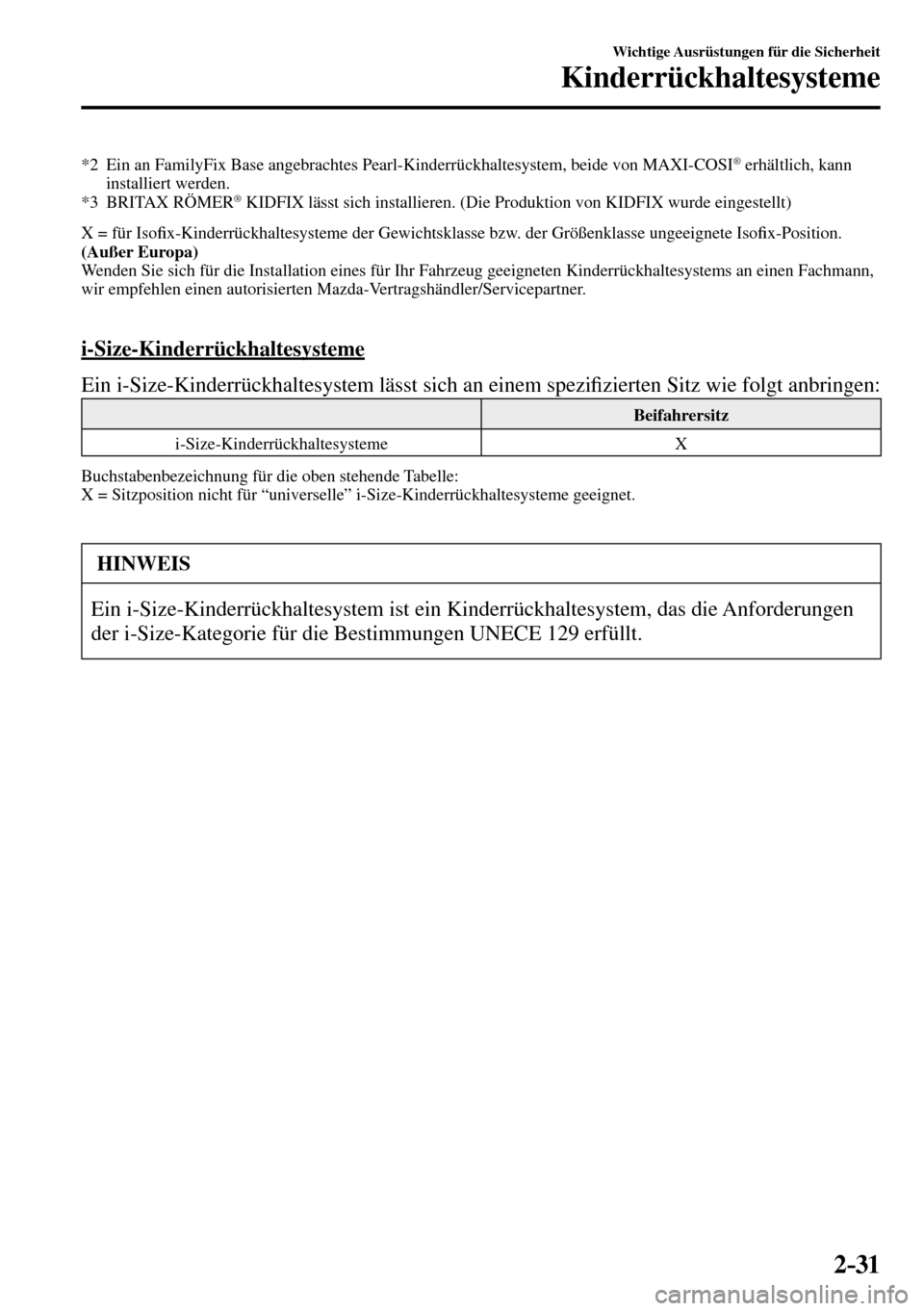 MAZDA MODEL MX-5 RF 2017 Betriebsanleitung (in German) 2–31
Wichtige Ausrüstungen für die Sicherheit
Kinderrückhaltesysteme
*2 Ein an FamilyFix Base angebrachtes Pearl-Kinderrückhaltesystem, beide von MAXI-COSI ® erhältlich, kann
installier MAZDA MODEL MX-5 RF 2017 Betriebsanleitung (in German) 2–31
Wichtige Ausrüstungen für die Sicherheit
Kinderrückhaltesysteme
*2 Ein an FamilyFix Base angebrachtes Pearl-Kinderrückhaltesystem, beide von MAXI-COSI ® erhältlich, kann
installier