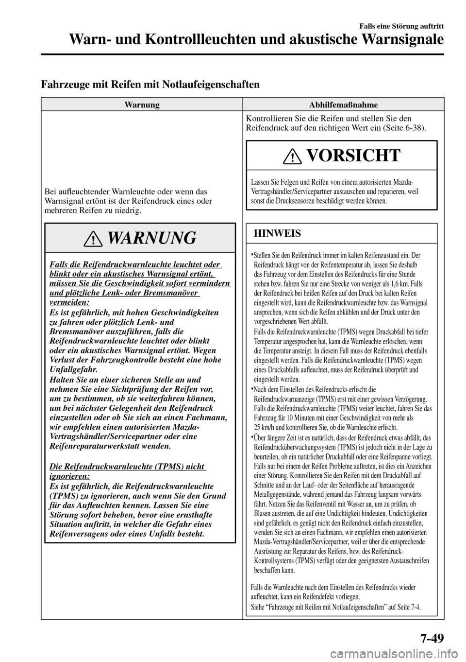 MAZDA MODEL MX-5 RF 2017  Betriebsanleitung (in German) 7–49
Falls eine Störung auftritt
Warn- und Kontrollleuchten und akustische Warnsignale
  Fahrzeuge mit Reifen mit Notlaufeigenschaften
 Warnung   Abhilfemaßnahme 
 Bei  au�À euchtender Warnleucht
