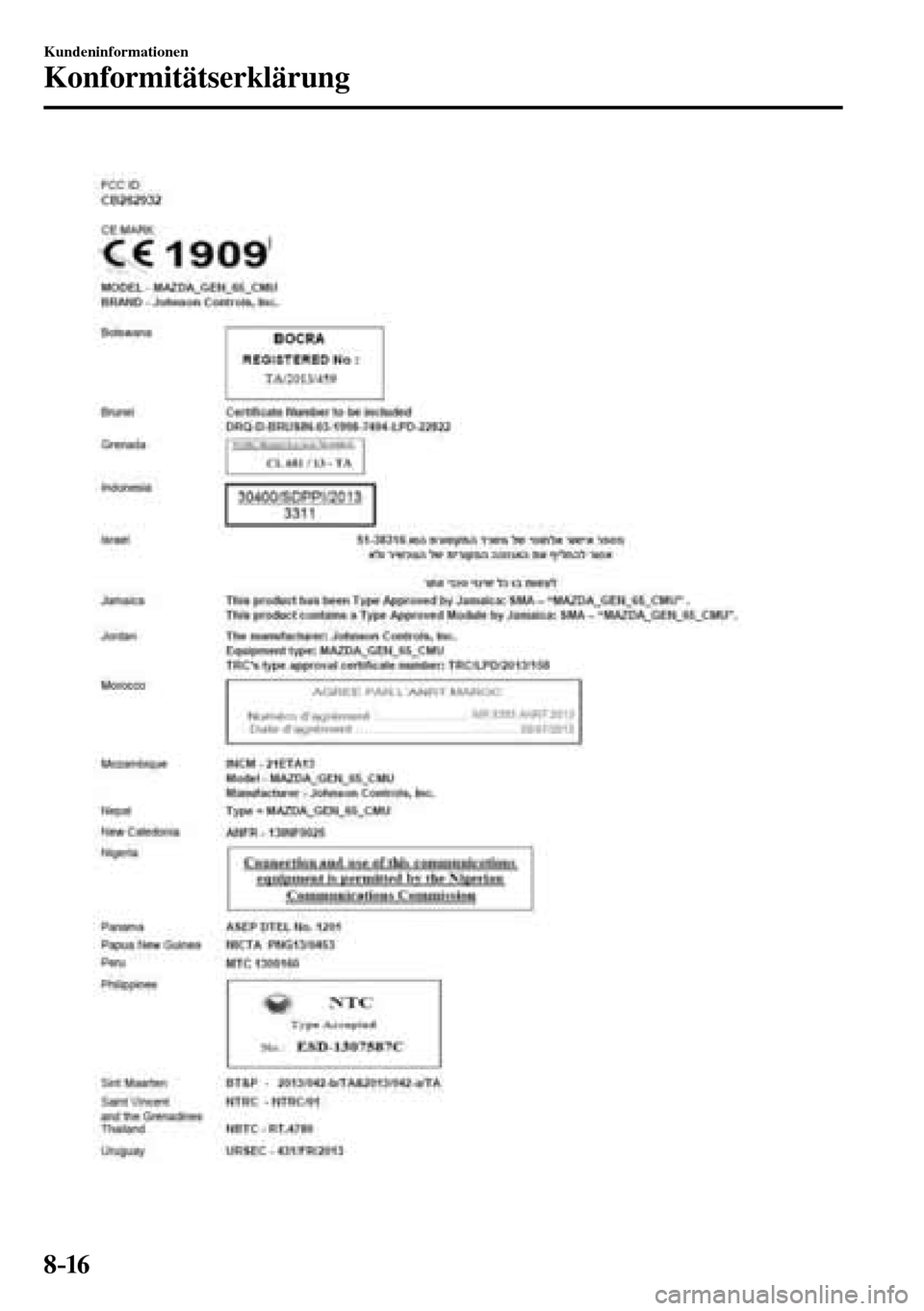 MAZDA MODEL MX-5 RF 2017  Betriebsanleitung (in German) 8–16
Kundeninformationen
Konformitätserklärung
��������������������� 