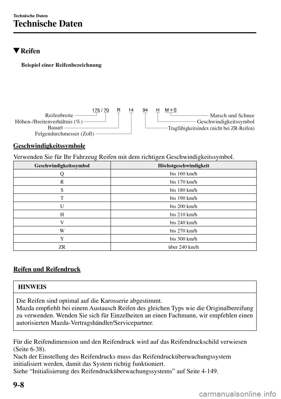 MAZDA MODEL MX-5 RF 2017  Betriebsanleitung (in German) 9–8
Technische Daten
Technische Daten
 Reifen
Beispiel einer Reifenbezeichnung 
Reifenbreite
Höhen-/Breitenverhältnis (%)
BauartMatsch und Schnee
Geschwindigkeitssymbol
Tragfähigkeitsindex (nicht