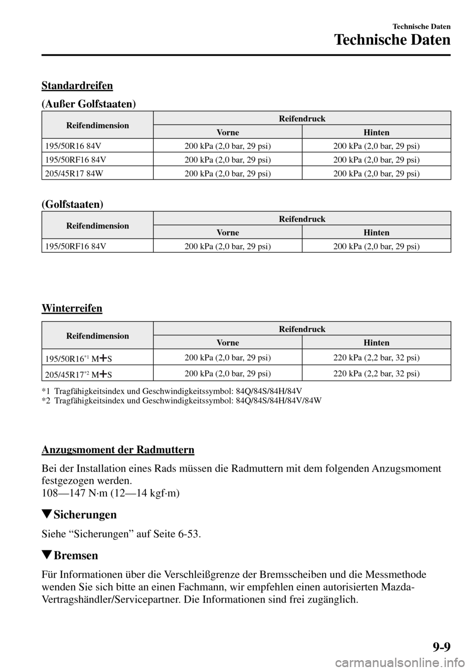 MAZDA MODEL MX-5 RF 2017  Betriebsanleitung (in German) 9–9
Technische Daten
Technische Daten
    Standardreifen
(Außer Golfstaaten)
 Reifendimension  Reifendruck 
 Vorne   Hinten 
 195/50R16 84V   200 kPa (2,0 bar, 29 psi)   200 kPa (2,0 bar, 29 psi) 
