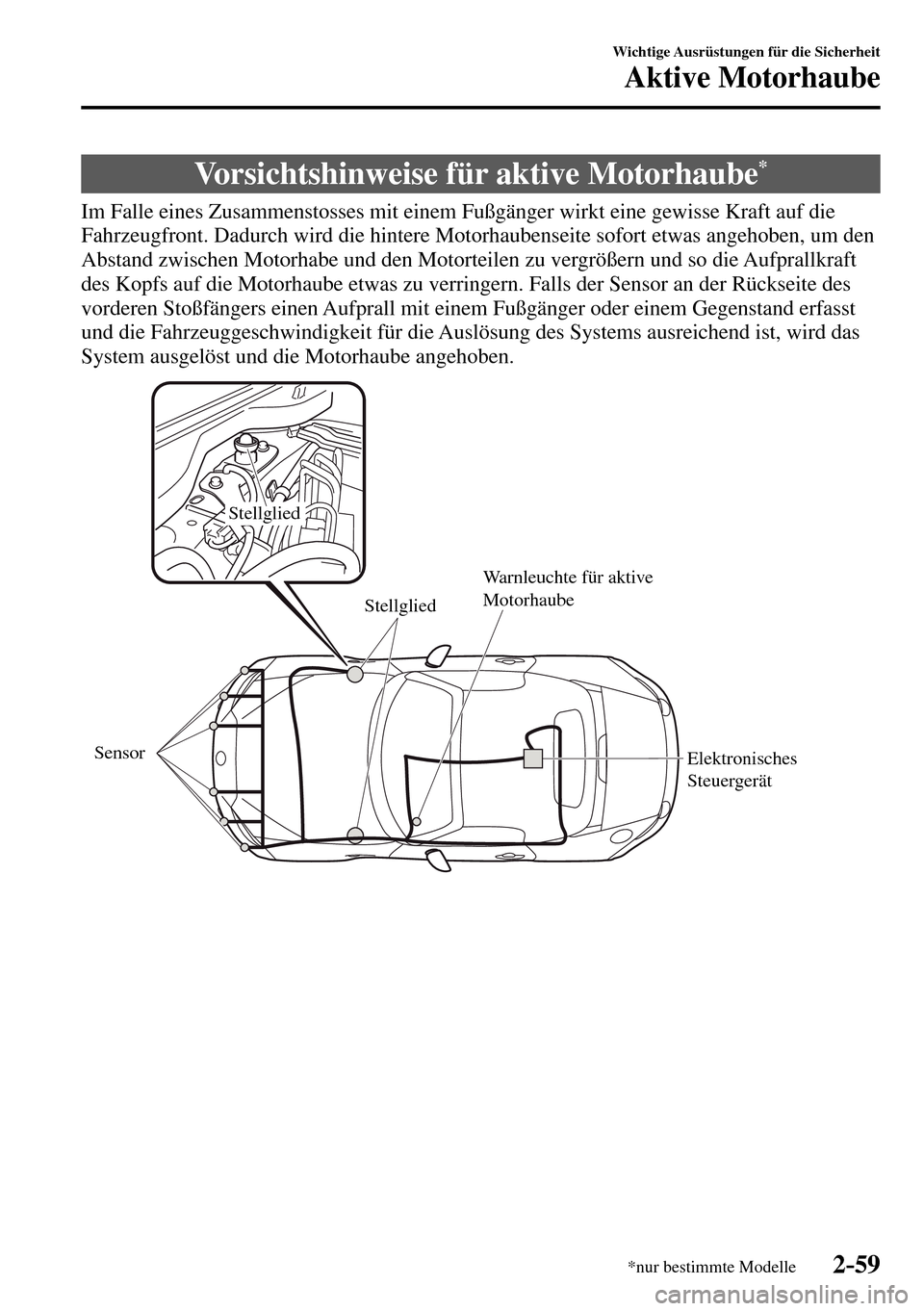 MAZDA MODEL MX-5 RF 2017  Betriebsanleitung (in German) 2–59
Wichtige Ausrüstungen für die Sicherheit
Aktive Motorhaube
*nur bestimmte Modelle
      Vorsichtshinweise  für  aktive  Motorhaube *
    Im Falle eines Zusammenstosses mit einem Fußgänger 