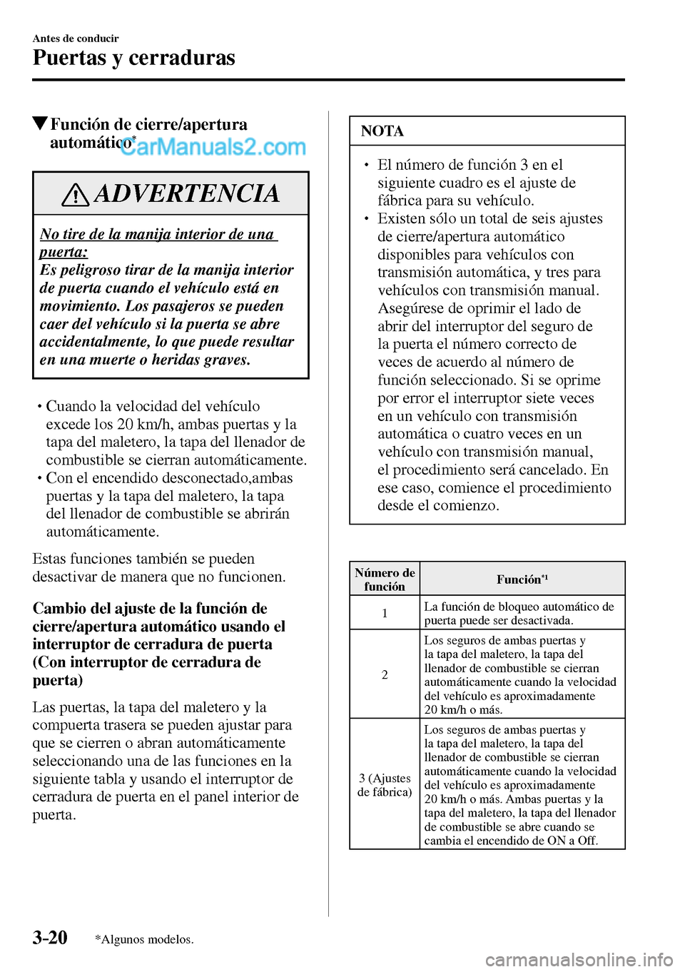 MAZDA MODEL MX-5 RF 2017  Manual del propietario (in Spanish) 3–20
Antes de conducir
Puertas y cerraduras
*Algunos modelos.
 Función de cierre/apertura 
automático*
 ADVERTENCIA
 No tire de la manija interior de una 
puerta:
 Es peligroso tirar de la manija 