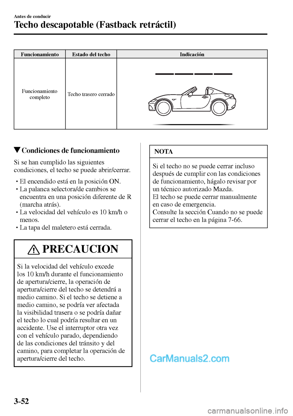 MAZDA MODEL MX-5 RF 2017  Manual del propietario (in Spanish) 3–52
Antes de conducir
Techo descapotable (Fastback retráctil)
Funcionamiento Estado del techo  Indicación 
 Funcionamiento 
completo Techo trasero cerrado 
 Condiciones de funcionamiento
    Si s