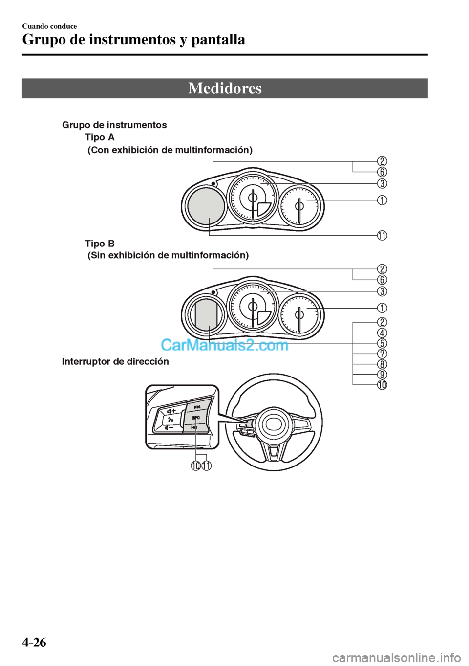 MAZDA MODEL MX-5 RF 2017  Manual del propietario (in Spanish) 4–26
Cuando conduce
Grupo de instrumentos y pantalla
              M e d i d o r e s
Tipo A
Tipo B 
Interruptor de dirección (Con exhibición de multinformación)
 (Sin exhibición de multinformaci